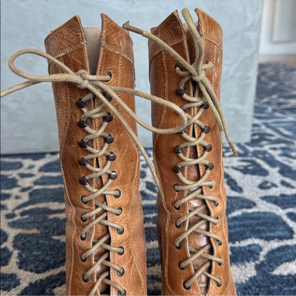 Oak Tree Farms Jasmine Leather Lace up Mid Calf Heeled Boots Sz 8.5 Brown Tan - Picture 5 of 13